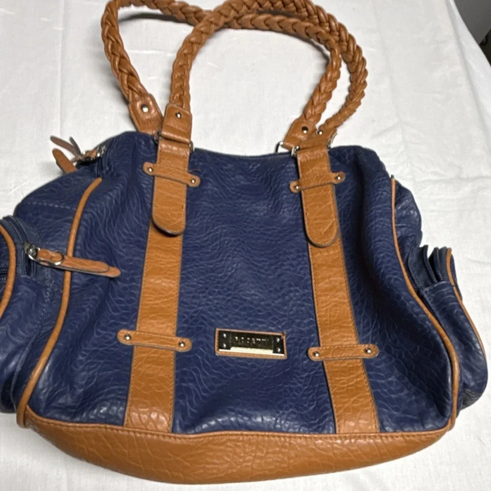 Rosetti Navy Brown Shoulder Bag Braided Handles Pebbled Finish Inner Pockets